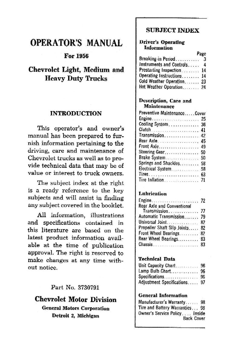1956 Chevrolet Trucks Operators Manual Page 52